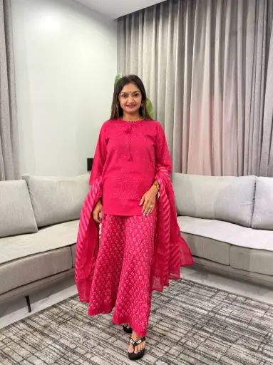 [3100] Rani Pink Bandhani Printed Pure Mull Cotton 3-Piece Sharara Set