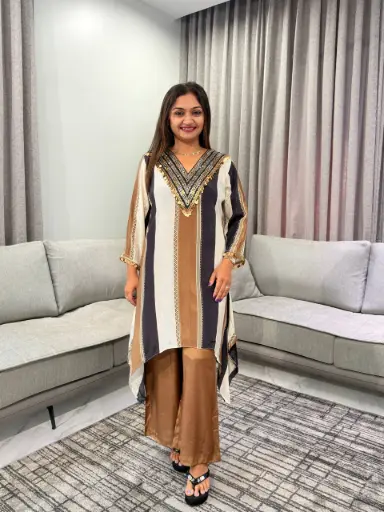 [3105] Regal Striped Coinwork Crepe Co-Ord Set