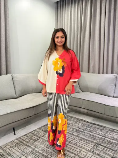 [3106] Dual-Tone Coral & Off-White Floral Printed Imported Cotton Co-ord Set
