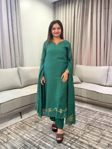 [3109] Bottle Green Bead sequin Hand-Worked Banarasi Mull Chanderi 3-Piece Suit Set