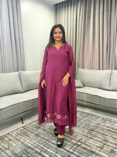 [3114] Plum Purple Bead sequin Hand-Worked Banarasi Mull Chanderi 3-Piece Suit Set