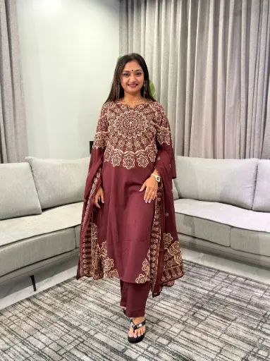 [3130] Royal Maroon Floral Pure Cotton 3-Piece Set