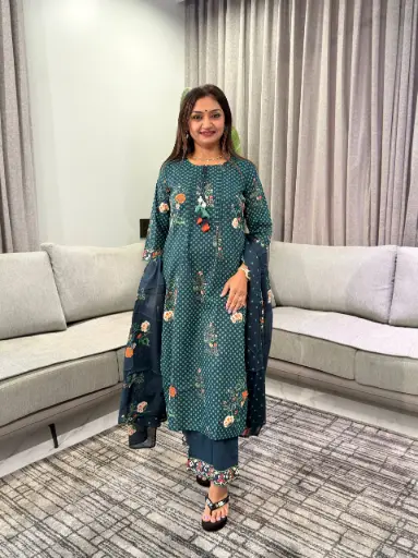 [3136] Teal Green Floral Printed Pure Cotton 3-Piece Suit Set