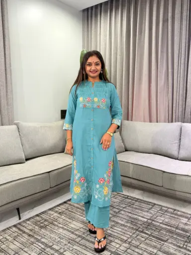 [3138] Teal Blue Floral Embroidered Soft Flex Cotton 2-Piece Kurta Set