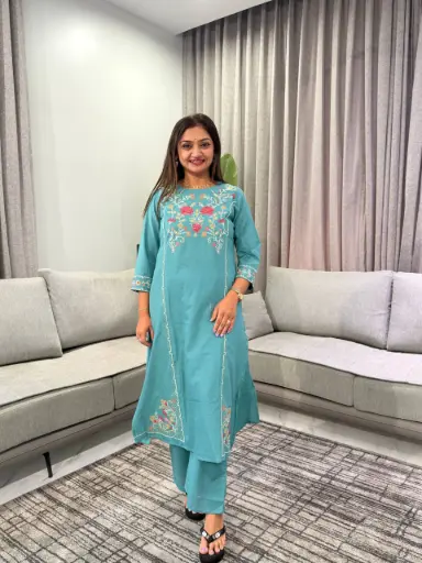 [3141] Teal Green Cross-Stitch Floral Embroidered Soft Flex Cotton 2-Piece Kurta Set