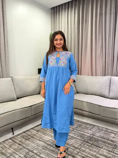 [3142] Powder Blue Floral Embroidered Soft Flex Cotton 2-Piece Kurta Set