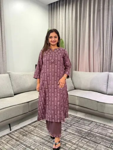 [3148] Eggplant Purple Printed Soft Flex Cotton Kurta Set