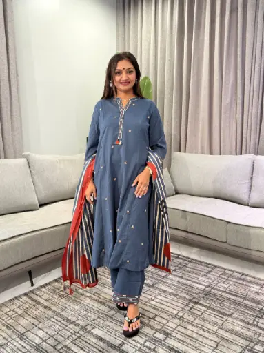 [3150] Slate Blue Embroidered Pure Cotton 3-Piece Kurta Set