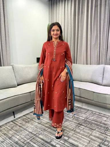 [3151] Rust Red Embroidered Pure Cotton 3-Piece Kurta Set