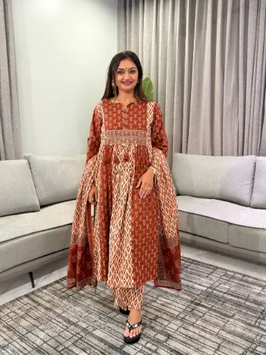 [3155] Rust Brown Ikat Printed Pure Cotton 3-Piece Kurta Set