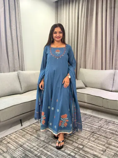 [3157] Peacock Blue Floral Embroidered Pure Cotton 3-Piece Anarkali Set