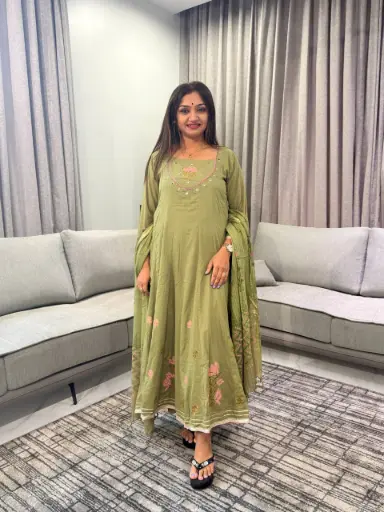 [3159] Olive Green Floral Embroidered Pure Cotton 3-Piece Anarkali Set