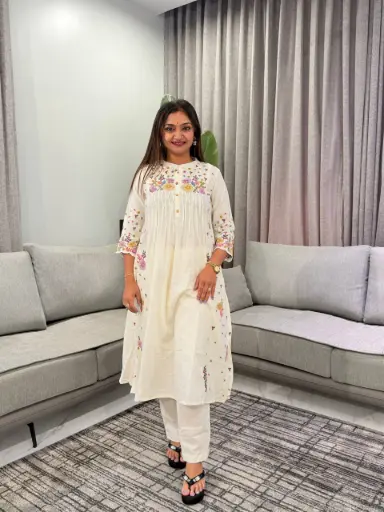 [3160] Off-White Floral Embroidered Soft Flex Cotton Kurta Set