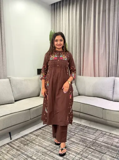 [3161] Chocolate Brown Floral Embroidered Soft Flex Cotton Kurta Set