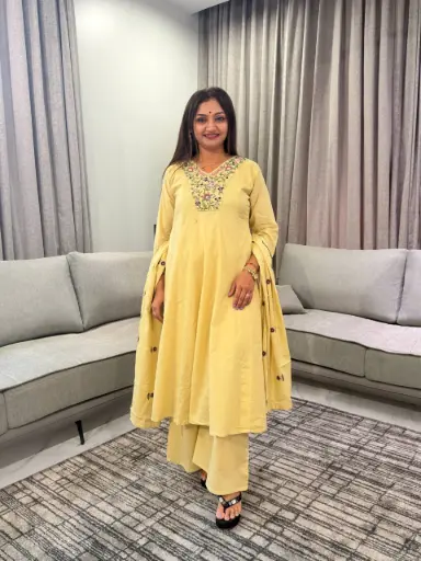 [3164] Floral Embroidered Pastel Yellow Pure Cotton Anarkali Set
