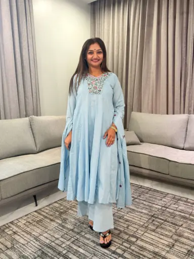 [3166] Powder Blue Floral Embroidered Pure Cotton 3-Piece Anarkali Set
