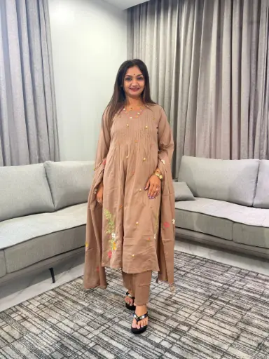 [3167] Beige Floral Embroidered Pure Cotton 3-Piece Anarkali Set