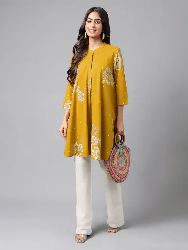 Mustard Pure Cotton Floral Printed Flared Tunic