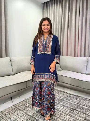 [3177] Teal Blue Printed Pure Muslin Crepe Co-Ord Set