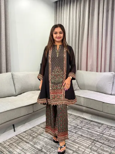[3179] Jet Black Kalamkari Printed Pure Muslin Crepe Co-Ord Set