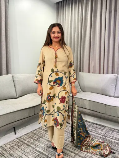 [3182] Beige Kalamkari Printed Pure Muslin Crepe 3-Piece Set