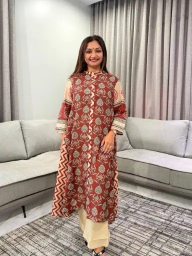 [3184] Rust Red Block Printed Pure Muslin Crepe 2-Piece Kurta Set