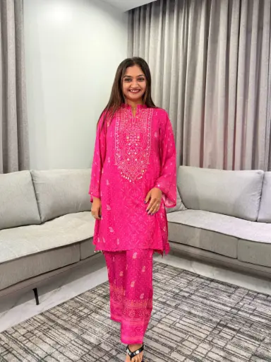 [3187] Rani Pink Bhandhani Printed Pure Muslin Crepe Co-Ord Set