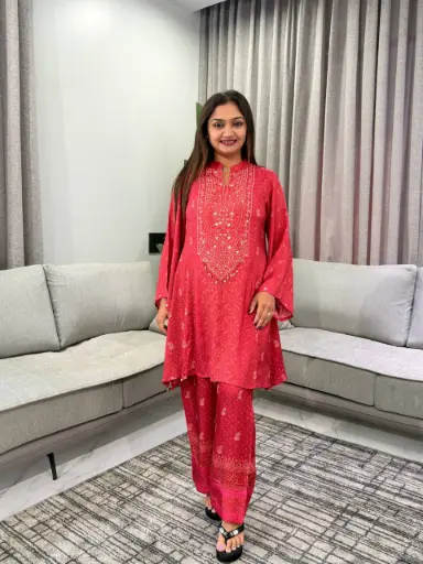 [3188] Crimson Red Bandhani Printed Pure Muslin Crepe Co-Ord Set