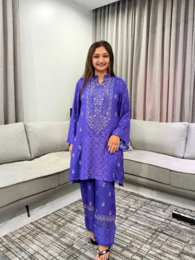 [3189] Royal Blue Bandhani Printed Pure Muslin Crepe Co-Ord Set
