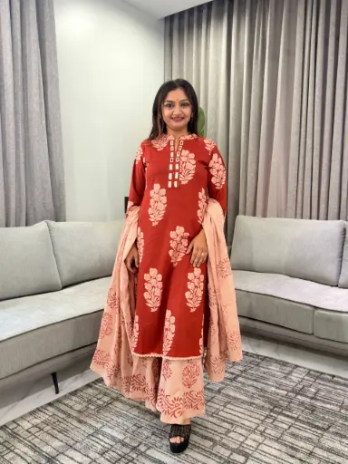 [3206] Rust Red & Peach Mirror-Work Pure Cotton 3-Piece Set