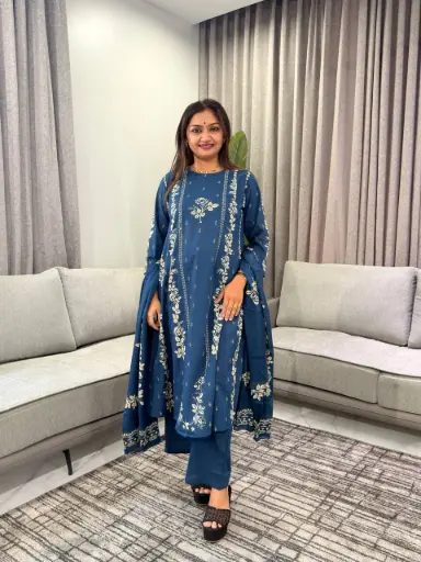 [3250] Teal Blue & Beige printed pure cotton 3-piece kurta set