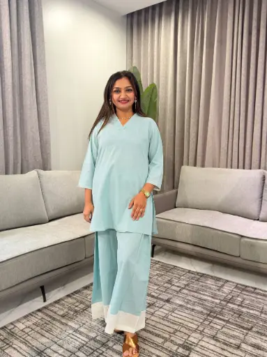 [3255] Sky Blue Solid Soft Flex Cotton Co-Ord Set