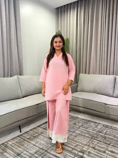 [3256] Baby Pink Solid Soft Flex Cotton Co-Ord Set