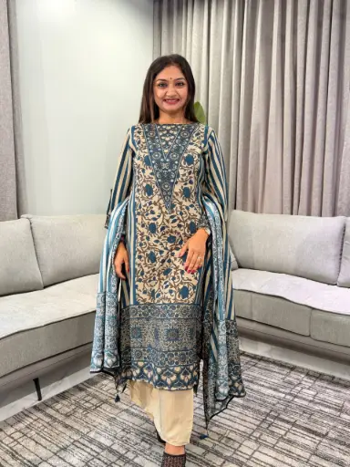 [3270] Blue & Cream Muslin Crepe Printed 3-Piece Kurta Set