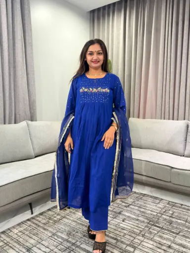 [3275] Royal Blue Kota Doriya Hand-Work 3-Piece Kurta Set
