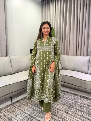 [3276] Olive Green Printed Pure Cotton 3-Piece Kurta Set