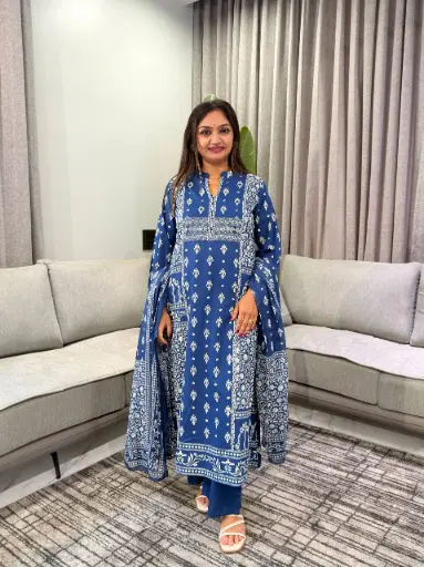 [3277] Royal Blue Printed Pure Cotton 3-Piece Kurta Set