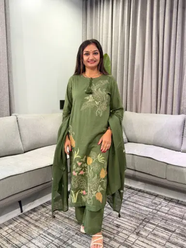 [3287] Olive Green Floral Embroidery Pure Cotton 3-Piece Kurta Set