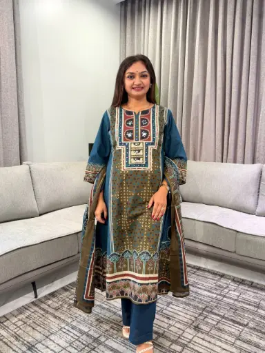 [3293] Teal Blue & Olive Printed Pure Cotton 3-Piece Kurta Set