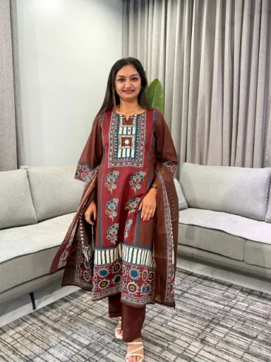 [3296] Brown & Maroon Ethnic Print Pure Cotton 3-Piece Kurta Set