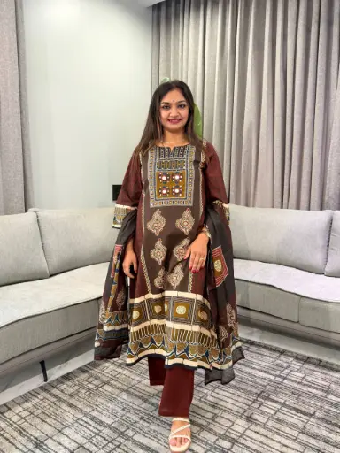 [3298] Maroon & Brown Ethnic Print Pure Cotton 3-Piece Kurta Set
