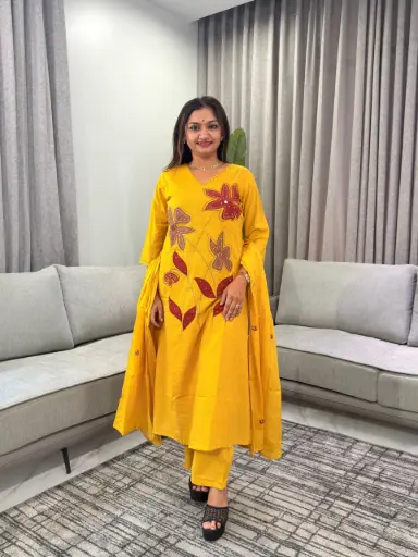 [3300] Mustard Yellow Floral Appliqué Pure Silky Cotton 3-Piece Kurta Set