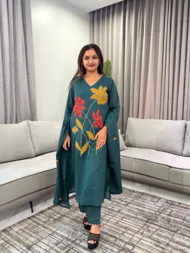 [3302] Teal Green Floral Embroidery Pure Sily Cotton 3-Piece Kurta Set