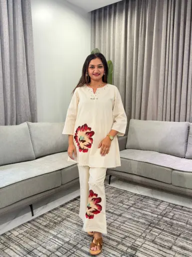 [3305] Off-White Floral Applique Pure Mull Cotton Co-Ord Set