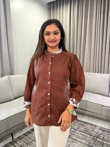[3307] Brown Embroidered Pure Mull Cotton Top