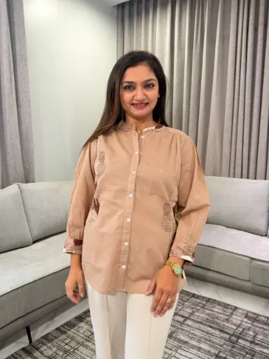 [3308] Beige Embroidered Pure Mull Cotton Top