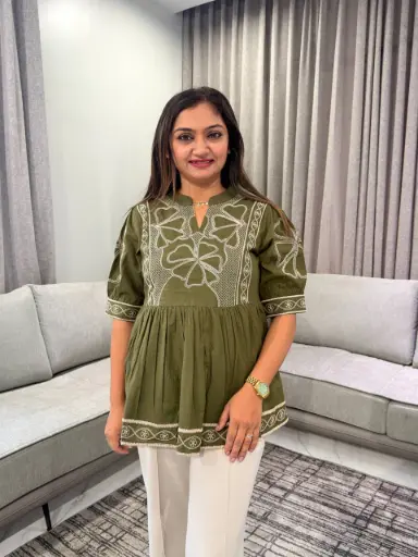 [3310] Olive Green Embroidered Pure Mull Cotton Peplum Top