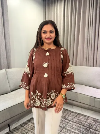 [3311] Chocolate Brown Floral Embroidered Pure Mull Cotton Top
