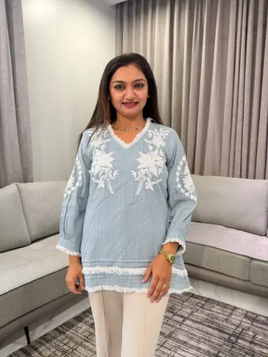 [3312] Sky Blue Floral Embroidered Pure Mull Cotton Top