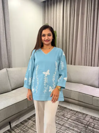 [3313] Sky Blue Floral Embroidered Pure Mull Cotton Top
